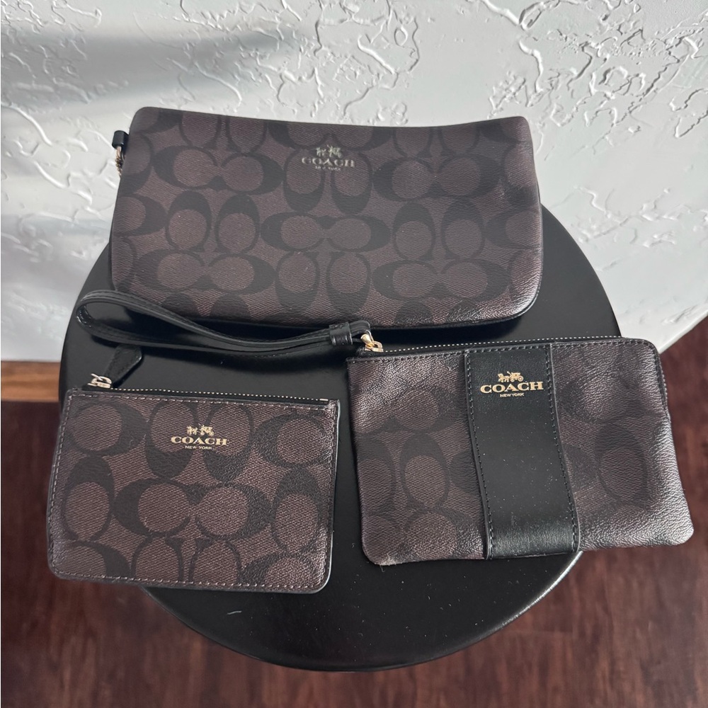 Coach Dark Brown Signature Wristlet and Pouch Trio